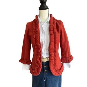 Susan Bristol Women’s 100% Wool Cardigan Red Ruffle Trim Jacket Sweater S